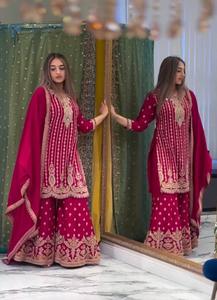 Nueva tendencia Faux Georgette Top Sharara Palazzo Dupatta Set con bordado de secuencia pesada y trabajo de borde de encaje - Product Image 3