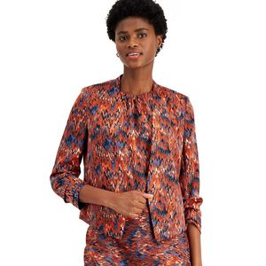 Blazer blu da donna Bar III, taglia piccola, con stampa Ikat, maniche arricciate, lunghezza a tre quarti, tessuto con decorazioni ricamate. - Product Image 1