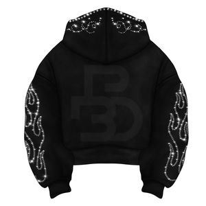 Sudaderas Gruesas con Lavado Ácido Desteñido Personalizadas, Apliques Bordados, Estilo Holgado, Corte Recto, con Pedrería Mixta, Sudaderas con Capucha Negras para Hombre - Product Image 3