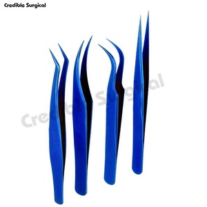 Juego de pinzas para pestañas de acero inoxidable con revestimiento azul de alta calidad, puntas puntiagudas curvas rectas, Tipo de Volumen de fibra de belleza - Product Image 2