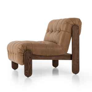 Fauteuil lounge moderne de luxe sans accoudoirs avec revêtement en cuir capitonné et pieds en teck massif - Product Image 4