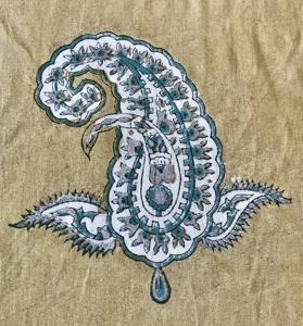 Tissu en coton imprimé à la main, motif Paisley Buta |   Jaune moutarde avec du tissu ethnique indien turquoise - Product Image 1