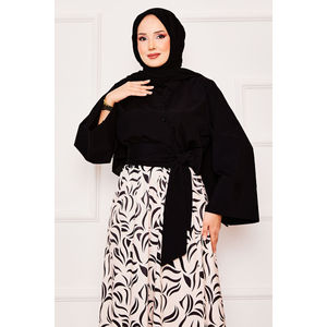 Conjunto de 2 Piezas en Crepé Negro con Cinturón Incorporado, Mangas Anchas, Top con Cuello Asimétrico y Falda - Talla XS - Product Image 2