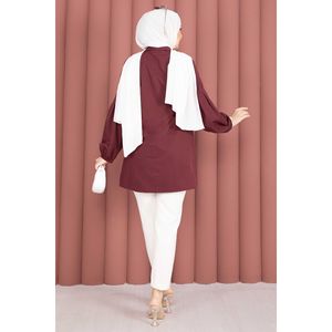Blusa de Algodón Borgoña para Mujer, Camisa con Volantes, Cuello con Botones Decorativos, Manga Abullonada, Cintura Holgada con Detalle Fruncido, Estilo Casual Occidental - Product Image 5