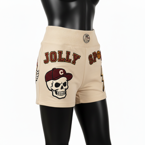 Shorts de sport pour femmes, 260 GSM, coton doux, élasthanne, molleton beige crème, broderie chenille, logo personnalisé. - Product Image 4