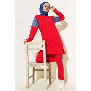 เสื้อทูนิคแต่งผ้ายีนส์ชุด2ชิ้นสีแดง - Product Image 4