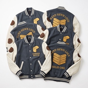 Factory Direct Wool Varsity Jacket Letterman Coat Hand Hewn <b>Logs</b> Embroidery Slate Grey Cream Leather Sleeve Outerwear - Product Image 1
