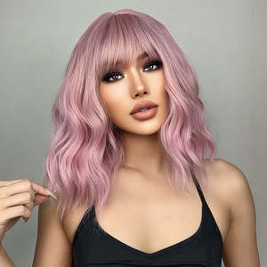 DWY <b>WIGS</b> <b>14</b> <b>Inch</b> Short Pink Wavy Curly <b>Wig</b> with Bang US Only Lace Front <b>Wigs</b> with Transparent Lace Color - Product Image 3