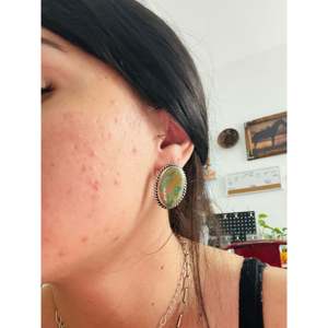 Larry Kaye Kingman Turquoise & Sterling <b>Silver</b> <b>Stud</b> Earrings Bezel Setting Post Earrings - Product Image 2