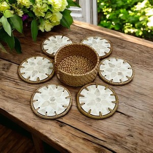 Artículos calientes Mezcla de ratán Madre de perla Juego de posavasos para taza de café Vajilla de cocina Tapete de taza de té tejido a mano Hecho en Vietnam - Product Image 3