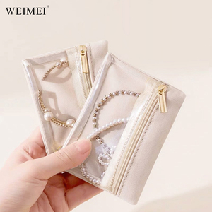WEIMEI Semi-Transparent PVC Velours Bijoux Pochette Fermeture À Glissière Beige Organisateur pour Boucles D'oreilles Collier Voyage Sac De Rangement - Product Image 1