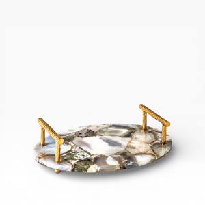 Green Natural Agate <b>Stone</b> Rectangular Decorative Tray with Layered Crystal Texture and Gold Fan Style Handles - Product Image 3