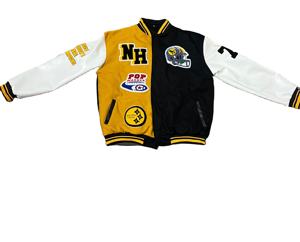 Veste universitaire Letterman en laine et cuir véritable pour hommes, veste en toile noire avec logos de broderie de couleur personnalisés, vêtements de saison d'hiver - Product Image 1