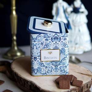 1.8L Azulejo-Inspired Blue White <b>Decorative</b> Pattern 120x120x137mm Metal Square <b>Storage</b> <b>Box</b> Knob Handle <b>Decorative</b> <b>Storage</b> Boxes - Product Image 2