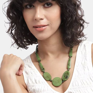 Handmade Womens Angel Statement Green <b>Resin</b> Necklace Multi-Shape Beaded Polished <b>Stone</b> Look Trapezoid Beads Model Pattern - Product Image 1