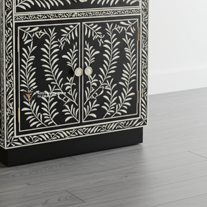 Chevet artisanal moderne écologique en incrustation d'os avec motif floral complexe, plateau en bois à deux tiroirs pour salon - Product Image 3