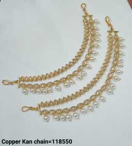 Kundan y cadena de moda tradicional chapados en oro indio, pendiente de joyería de cadena de pelo de oreja larga de Latón chapado en oro dorado elegante - Product Image 2