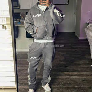 Chándales de algodón de alta calidad personalizados para hombre, conjunto de pantalones de chándal acampanados y Sudadera con capucha, ropa informal lavada con ácido, chándal para invierno - Product Image 2