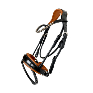 Brida Hanoveriana de Cuero Negro Enrollado con Acolchado Color Bronceado, Tamaño Cob, Completa, Plegable - Product Image 1