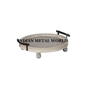 Plateau de service vintage en bois pur Plateau de service de restauration rapide avec poignées en fer massif Vaisselle à manger Plateau à dessert alimentaire - Product Image 1