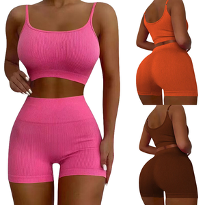 Top et short côtelés deux pièces pour femmes, ensemble d'entraînement de yoga, vêtements de sport d'été - Product Image 1