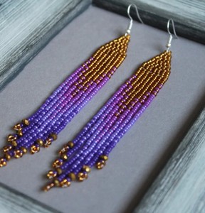 Gold Purple Beaded <b>Earrings</b> <b>Crystal</b> <b>Earrings</b> Evening Seed Bead <b>Earrings</b> Long Fringe - Product Image 1