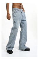 Jean cargo évasé oversize à taille boutonnée, coupe droite, poches avant et arrière, en denim délavé, style vintage, coupe-vent, hiver
