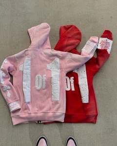 Sweat à capuche unisexe zippé en molleton délavé à l'acide, avec strass, appliqué et broderie personnalisés effet vieilli, 100% molleton délavé à l'acide vintage - Product Image 2