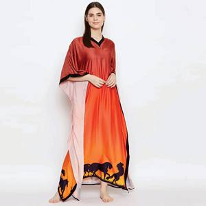 Robes pour femmes coupe ajustée en viscose rayonne col en V manches courtes longues marron Ombrey vêtements de détente caftan - Product Image 2