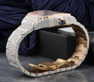 Montre Hip Hop de Luxe Carrée Antique Sertie de Moissanite avec Cadran en Verre, Bracelet en Acier Inoxydable et Accents Or Rose, Largeur 20mm - Product Image 5