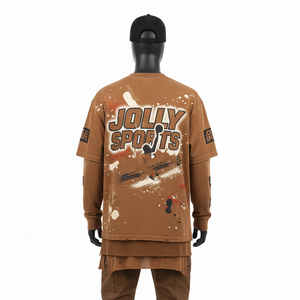 เสื้อยืดผู้ชายผ้าฝ้าย 100% ทรงหลวม พิมพ์ลาย เสื้อยืดแขนยาวสองชั้น สไตล์ใหม่ เสื้อยืดแขนสองชั้นแบบสั่งทำ - Product Image 2