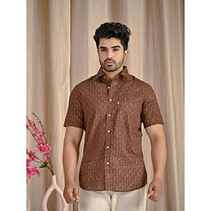 Camisa Casual de Manga Corta para Hombre, Color Marrón, Estampada, 100% Algodón, Tejido Transpirable de Popelina y Satén, Estilo Moderno para Verano - Product Image 3