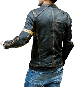 แจ็กเก็ตหนังผ้าใบสำหรับนักขี่จักรยานแนววินเทจของผู้ชายหนังแท้100% เป็นมิตรกับสิ่งแวดล้อมสีทองปกคอตั้ง - Product Image 3