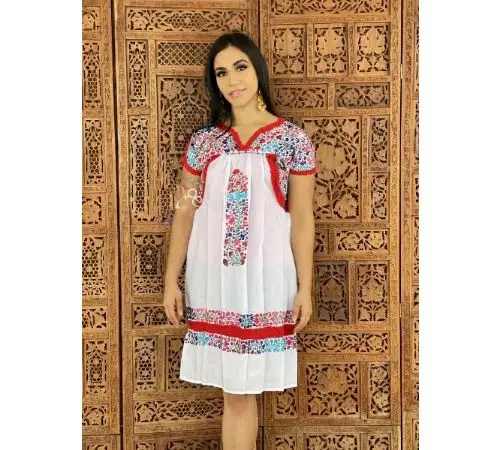 Womens Casual Dresses Embroidered Long Shirt Mexican Peasant Blouse Loose Oversized Tops White Summer Dress