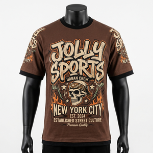 เสื้อยืดคอตตอนพรีเมียม 220 GSM สีน้ำตาล พิมพ์ลายกราฟิกทั่วตัว สไตล์สตรีทแวร์ รับสกรีนโลโก้ เสื้อยืดแขนสองชั้น - Product Image 3