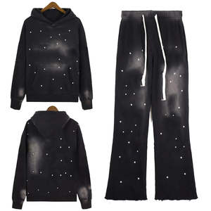 Chándal bordado desgastado de lana de algodón 100%, pantalones de chándal acampanados con lavado ácido para invierno, chándal de diamantes de imitación para hombres - Product Image 1