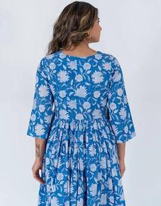 Nueva moda Boho Floral impreso media manga bloque de mano vestido de algodón tejido cintura Natural hecho a mano ODM suministro para mujeres indias - Product Image 5