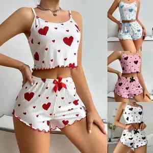 Ensemble de vêtements de détente blancs décontractés pour femmes Short ventilé doux imprimé coeur d'amour Pyjama grande taille Taille élastique en peigné - Product Image 5