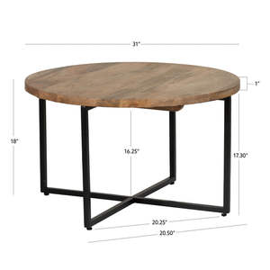 Wood Grain and <b>Black</b> Metal Household Essentials <b>Round</b> <b>Coffee</b> <b>Table</b> for Living Room - Product Image 2