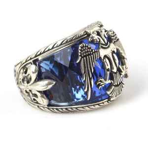 925 Sterling <b>Silver</b> Handmade Ottoman Eagle <b>Men</b>’s <b>Ring</b> with Aquamarine Color Stone | Turkish Jewelry - Product Image 1