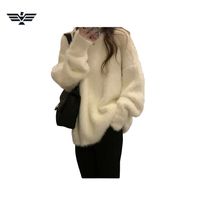 Pull-over décontracté ample en molleton doux et chaud pour femme, en acrylique/polyester, avec col rond et volants, idéal pour l'automne