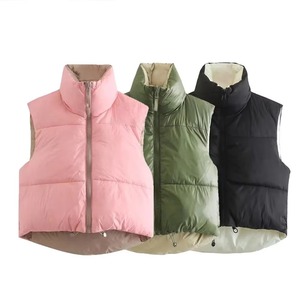 Hot Sale Winter Lady Puffer Vest Plus Size Cropped Windbreaker Contrast Sleeves <b>Quilted</b> Plain Dyed Woman's Fashion Jackets - Product Image 1