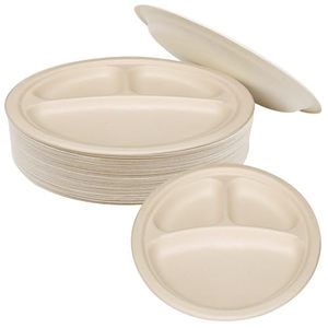 <b>Disposable</b> 9 Inch 3 Compartment Sugarcane Bagasse Round <b>Plate</b> Compostable Biodegradable Dinner <b>Plates</b> for Camping - Product Image 1