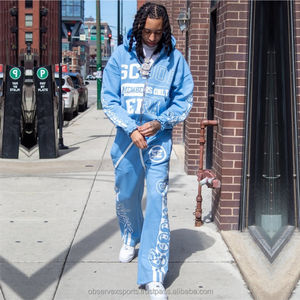 Streetwear personnalisé en détresse DTG imprimé français éponge survêtement soleil délavé à l'acide survêtements hommes à capuche et pantalons de survêtement survêtement - Product Image 1