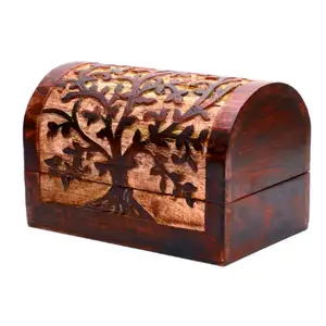 Luxury Solid Wood Keepsake Box Hand Carving Secret Box with Lock For Dark Polished Wooden Chest Box with Tree Engraving