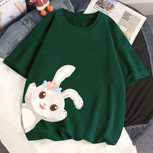 Camiseta de cuello redondo de dibujos animados de conejo para mujer, remera ajustada para mujer, camisetas con estampado personalizado a granel, camisetas lisas para mujer - Product Image 2