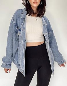 Veste en Jean surdimensionnée pour femme longue veste en jean bleu à manches longues veste de camionneur boutonnée Shacket manteaux d'automne - Product Image 1