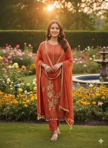 Salwar Kameez Festivo de Tela Pura Crush Shimar con Parte Inferior Hecha a Mano - Duptta de Santoon Puro - Estampado de Seda de Tela Pura Crush Shimar - Product Image 5