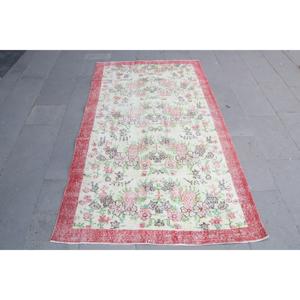 Turkish 3.8x6.7 ft Rug, Area Vintage Rug, <b>Red</b> Pink Abstract <b>Wool</b> Rug - Product Image 1