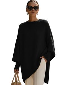 Customized Women Black Oversized Knit Poncho Sweater Winter Loose Fit Batwing Sleeve Soft Warm Pullover Casual Fashion Top - Product Image 1